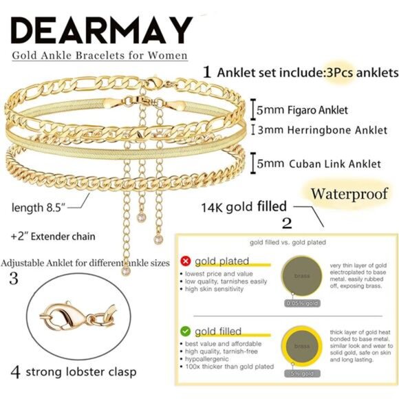 Gold Ankle Bracelets Set for Women Waterproof, 14K Gold Anklets for Women Cuban - Picture 2 of 7